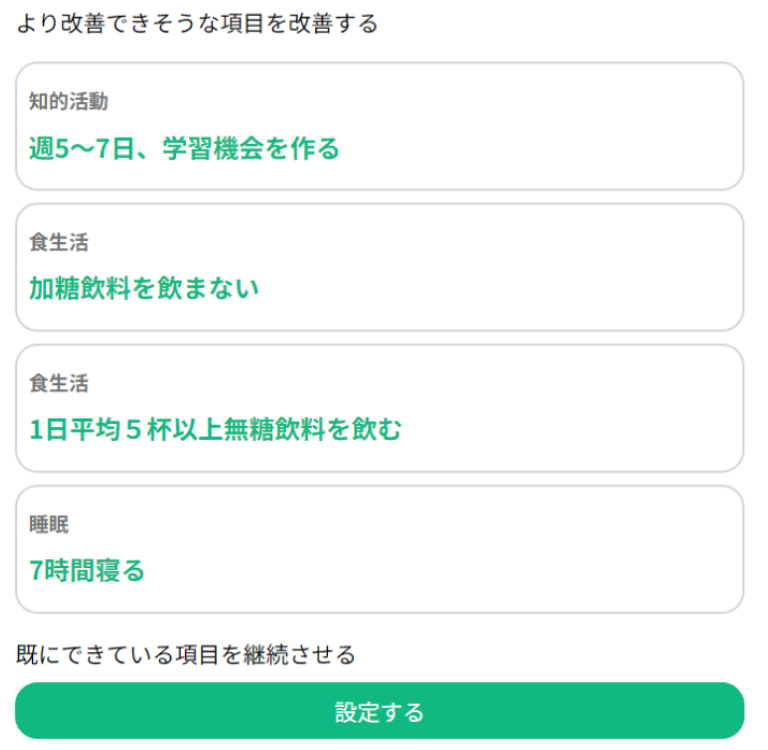 より改善できそうな項目を改善する 知的活動 週5～7日、学習機会を作る 食生活 加糖飲料を飲まない 食事 1日平均5杯以上無糖飲料を飲む 睡眠 7時間寝る 既にできている項目を継続させる 設定する